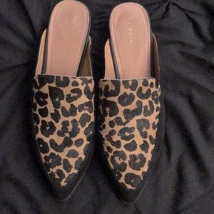 Halogen Corbin Leopard Print Calf Hair Black Suede Point Slide Women Mules